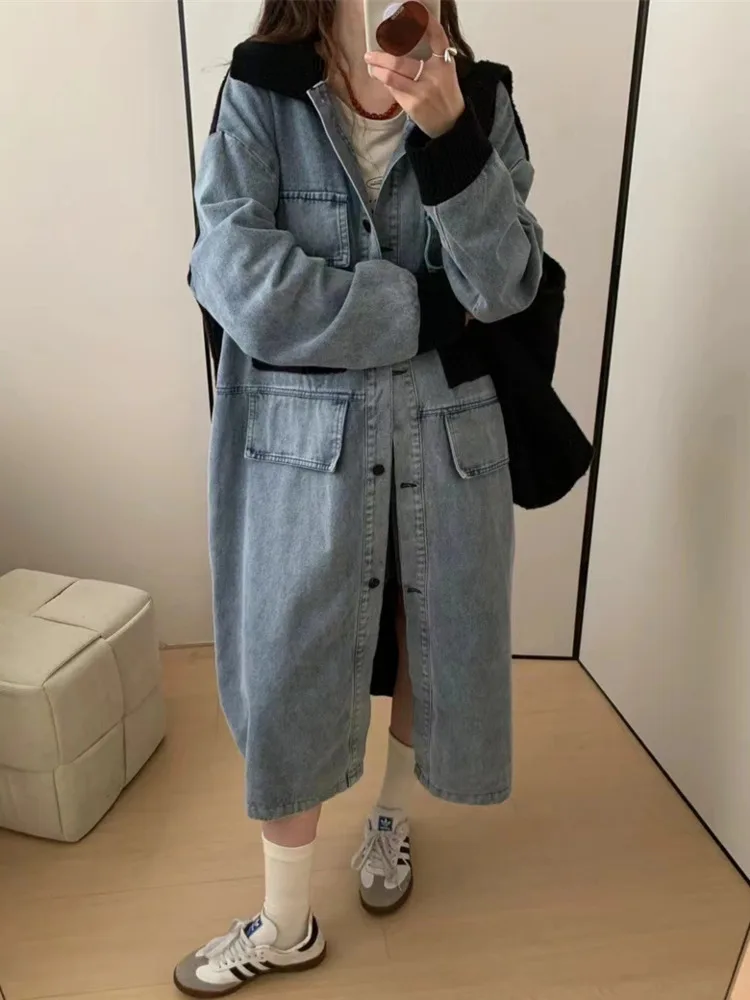 UCXQ Mode Denim Jacke Koreanischen Stil Stricken Patchwork Lose Einreiher Straße Flut Langen Mantel Frauen 2024 Frühling Herbst C1933