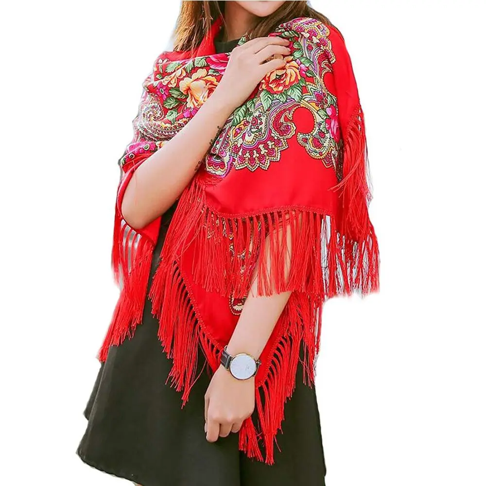 Pashmina larga de estilo ruso Vintage, bufanda con borlas florales de gran tamaño, chal, bufanda cuadrada