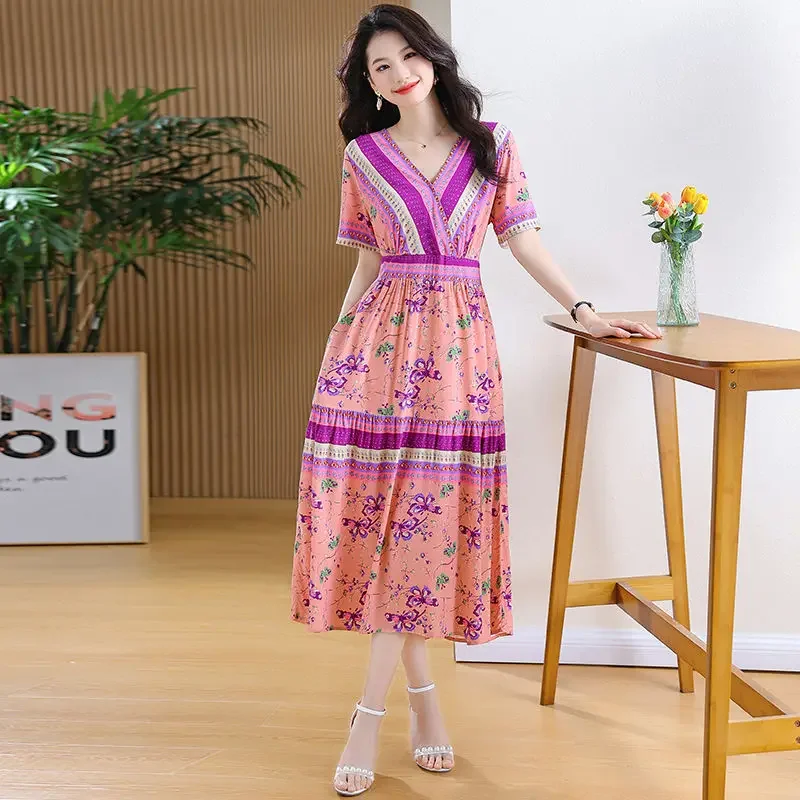 الأزهار زهرة عطلة فساتين حريمي بوهو ميدي فستان ملابس عصرية Harajuku مصمم متعرج الشاطئ Kpop على تعزيز الساخن