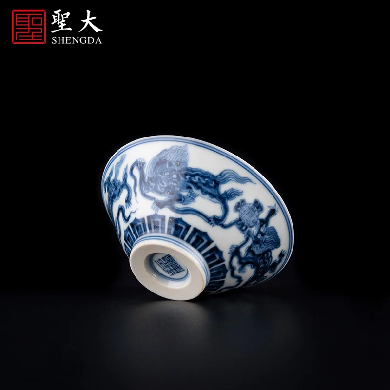 

|kiln blue and white lion embroidered ball pattern Hat Cup Jingdezhen pure handmade porcelain tea cup Kung Fu tea cup