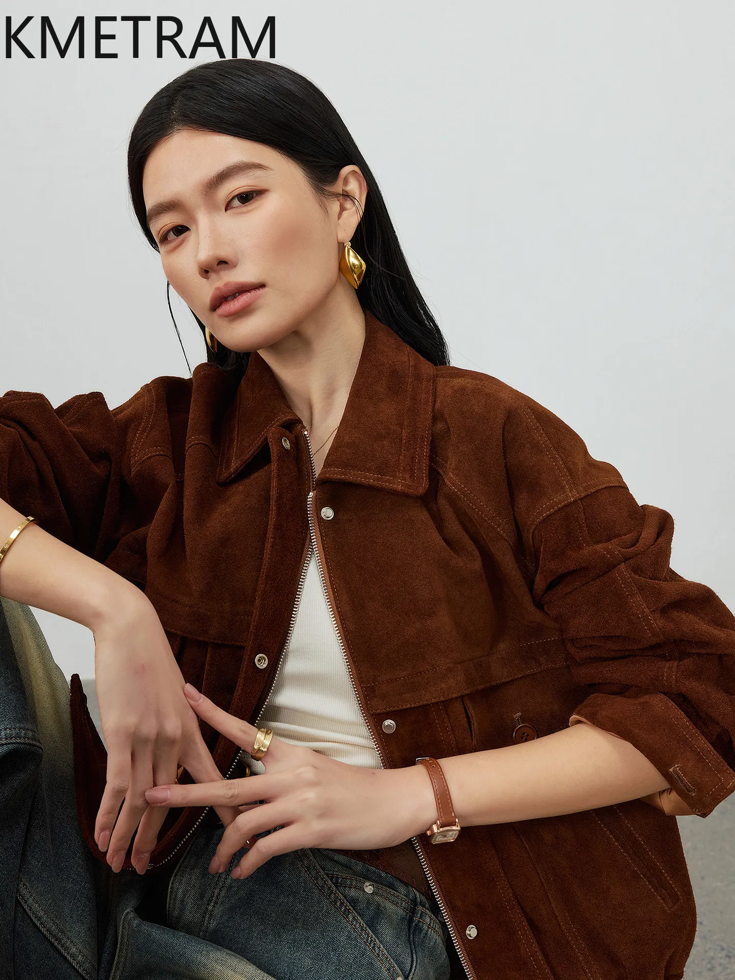 KMETRAM Real Top-Grain Cowhide Suede Leather Jacket Woman Old Money Style Short Leather Jackets Premium Women Clothing 2026 가죽자켓