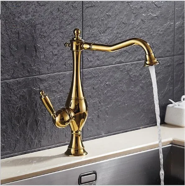 

Basin Faucets Modern Gold Color Deck Mounted Bathroom Mixer High Swivel Bathroom Sink Faucet