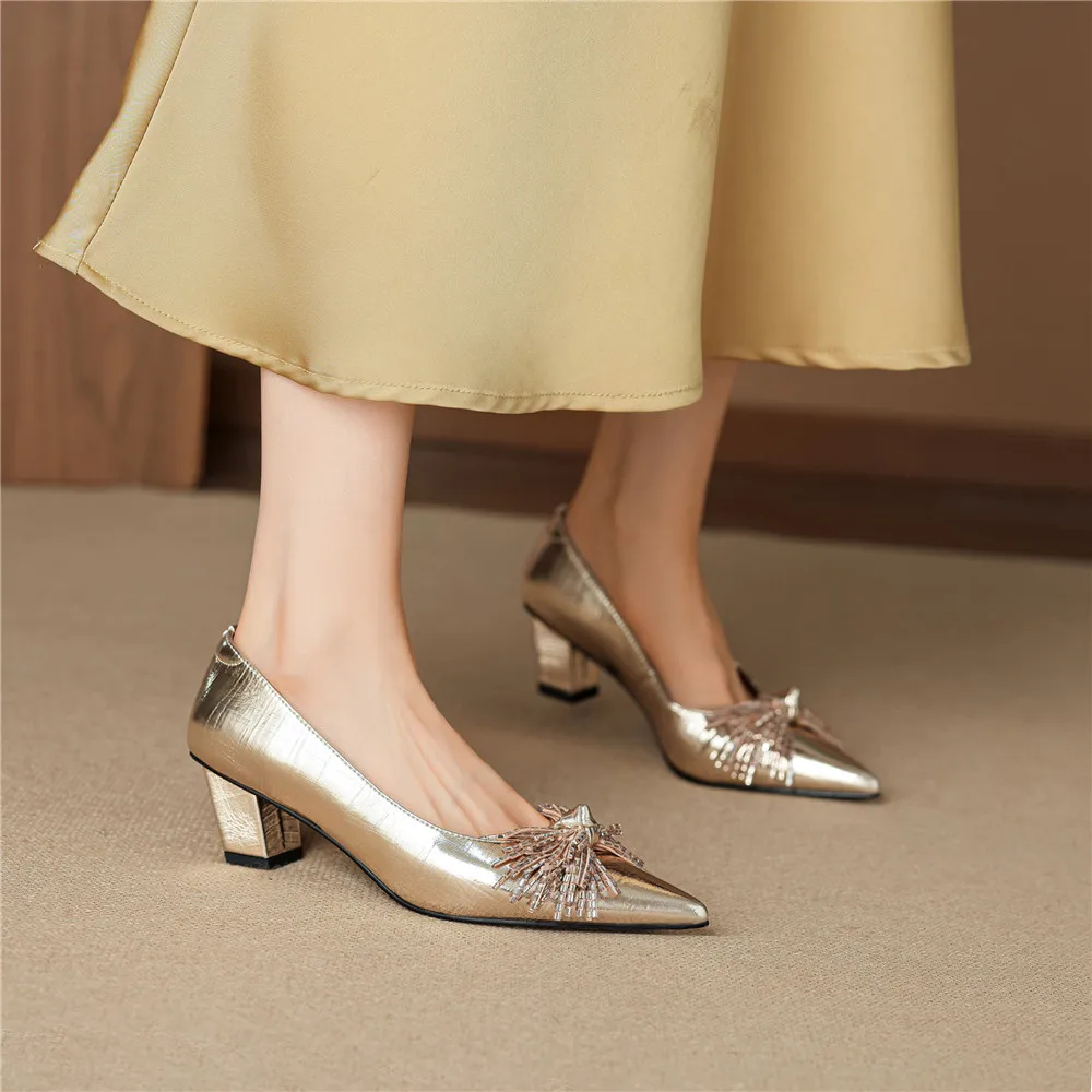 MILI-MIYA Women's Classic Vintage Pointed-Toe Sheepskin Casual High-Heel Shoes with Comfortable Chunky Heels and Fringe Accents