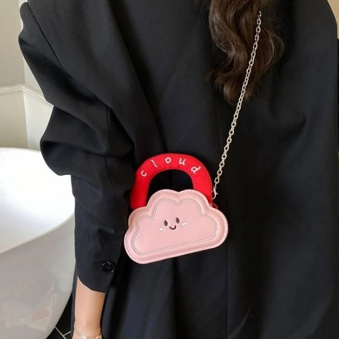 White Black Yellow Pink Blue Cute Cloud Shape Smiley Face Mini Crossbody Bag Padded Handle Chain Strap PU Leather Purse Girls