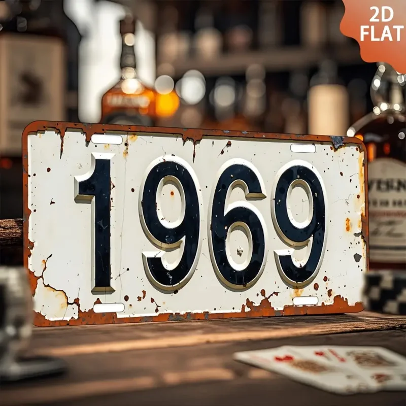 لافتة حائط معدنية 2D، قطعة واحدة عتيقة 1969 - فن ألومنيوم قديم مقاس 6 × 12 بوصة مع لمسة نهائية معدنية، ديكور بار منزلي ريفي #1