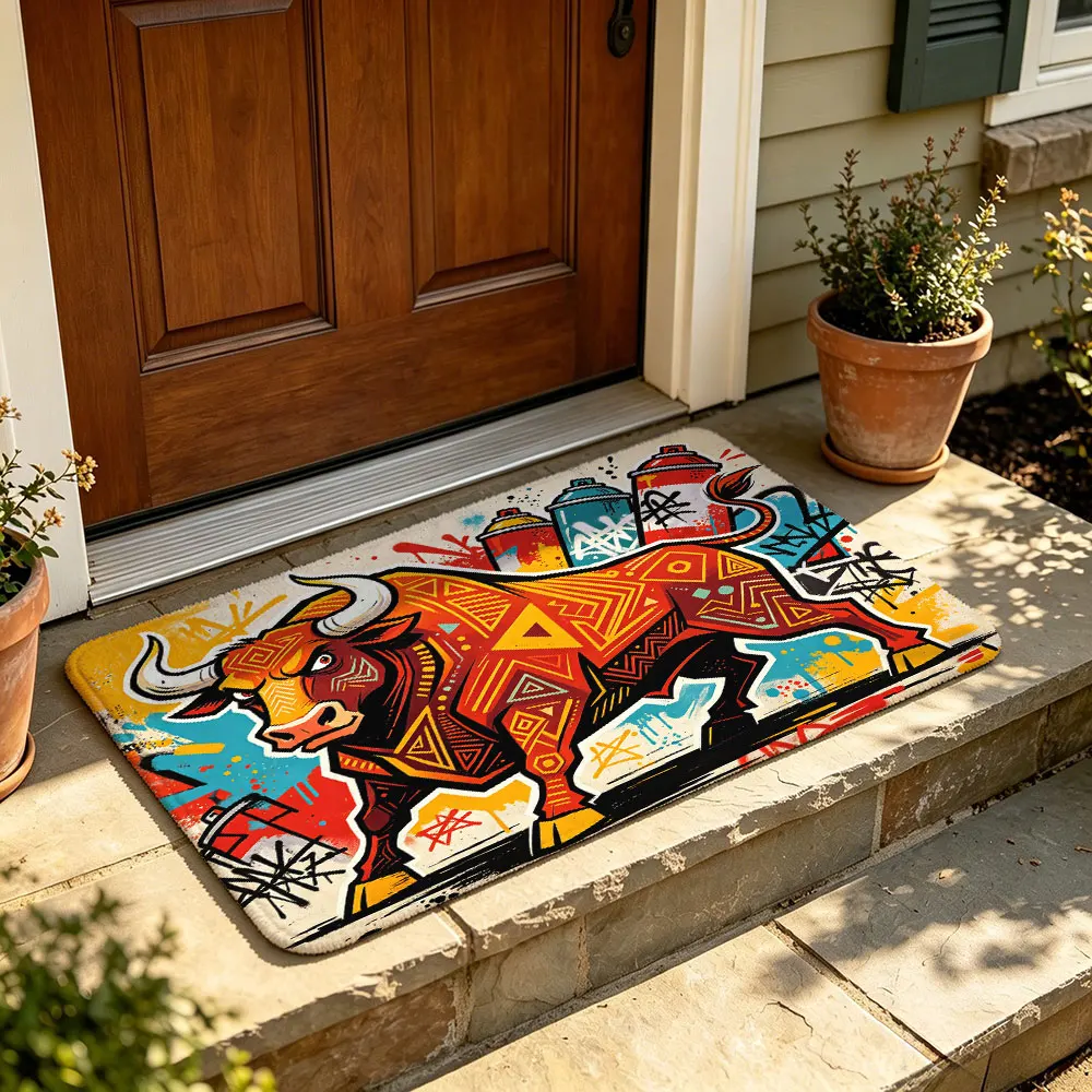 Graffiti Bull Pattern Felt Door Mat Street Trend Style Entryway Rug Non-slip Washable Front Door Mat for Home Decor