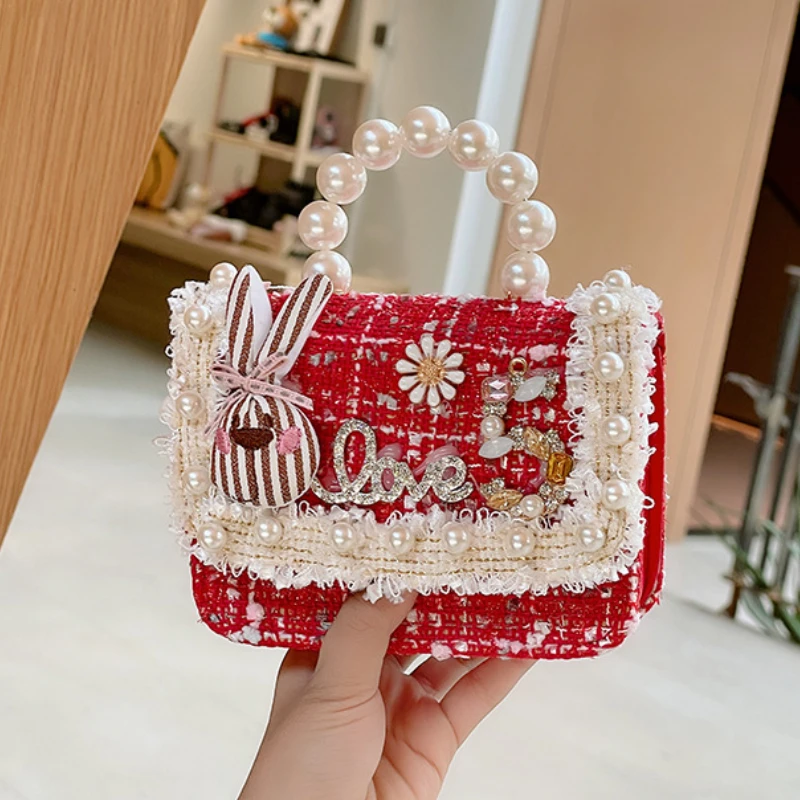 Cartoon Rabbit Children's Small Square Crossbody Bags Sweet Bow Baby Girls Pearl Handle Shoulder Bags Lovely Princess Handbags