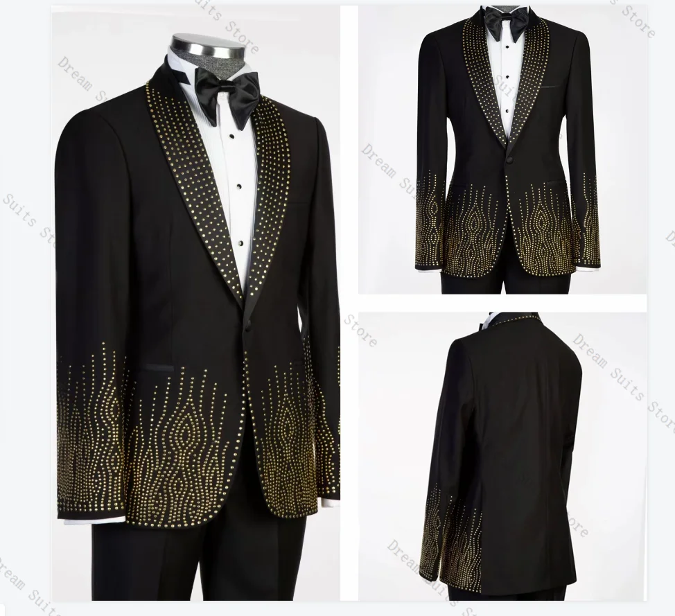 

Golden Crystal Stone Men Suit Set 2 Piece Blazer+Black Pants Trousers Customized Formal Office Jacket Groom Wedding Tuxedos Coat
