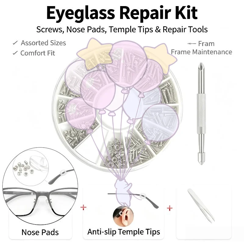 Eyeglasses Repair Kit All-In-One Precision Screwdriver Set with Screws Nose Pads for Daily Sunglass Repair Use