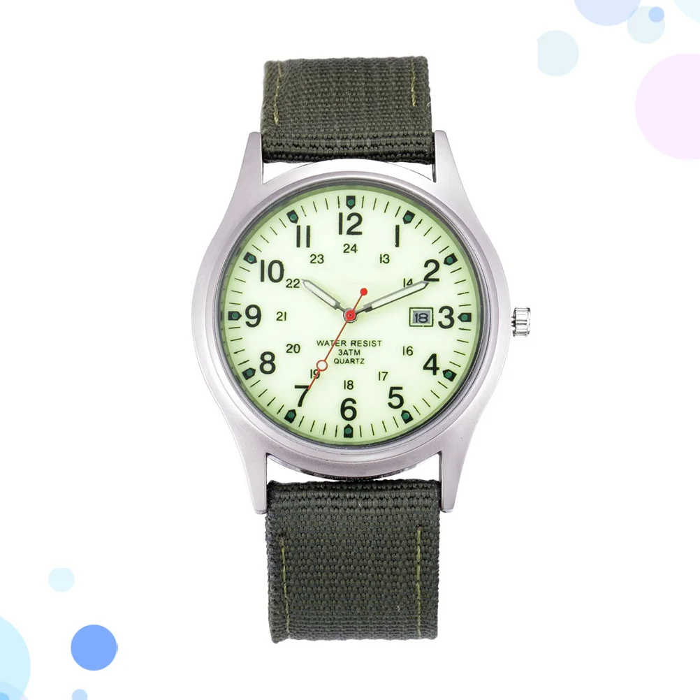 

1pc Luxury Design Men'S Quartz Watch Calendar Dial Canvas Band Durable Military Style Watches Light Green Luminous Green