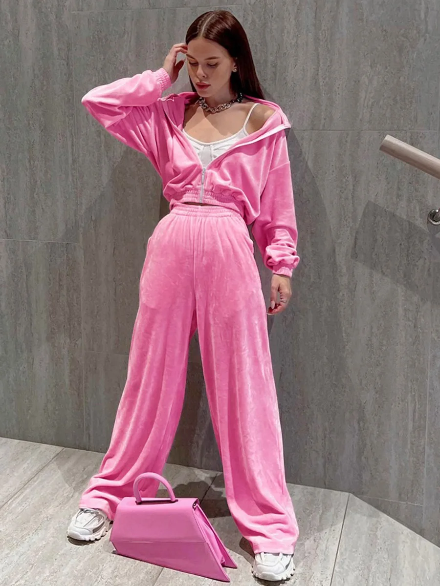 Sleepwear Autumn Women Clothes Casual Velvet Hoodie Suit 2 Piece Sets Wide Leg Sweatpants Stacked Sweat Pants مجموعات بانت