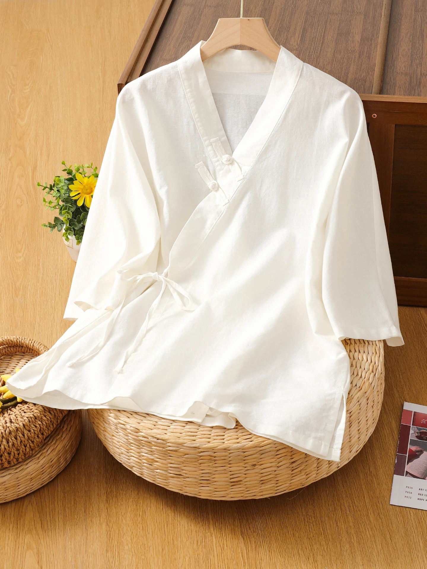 레트로 중국 스타일 면 린넨 반팔 셔츠 여성 여름 민족 스타일 오비 타이 사이드 버튼 티 의류 탑