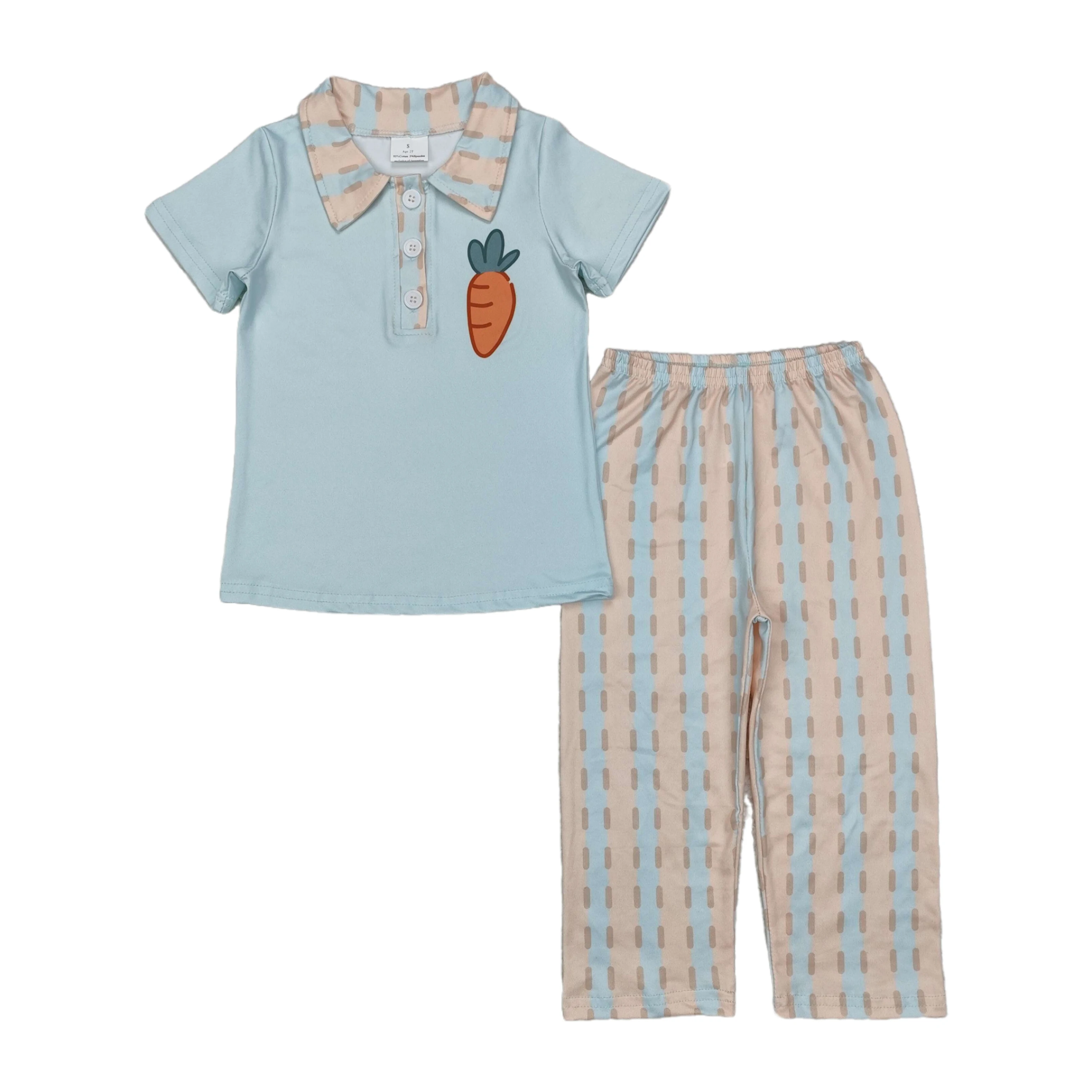 Wholesale Baby Boy Short Sleeves Blue Carrot Buttons Tee Lapel Stripes Pants Set Kids Infant Outfit Children Easter Clothing