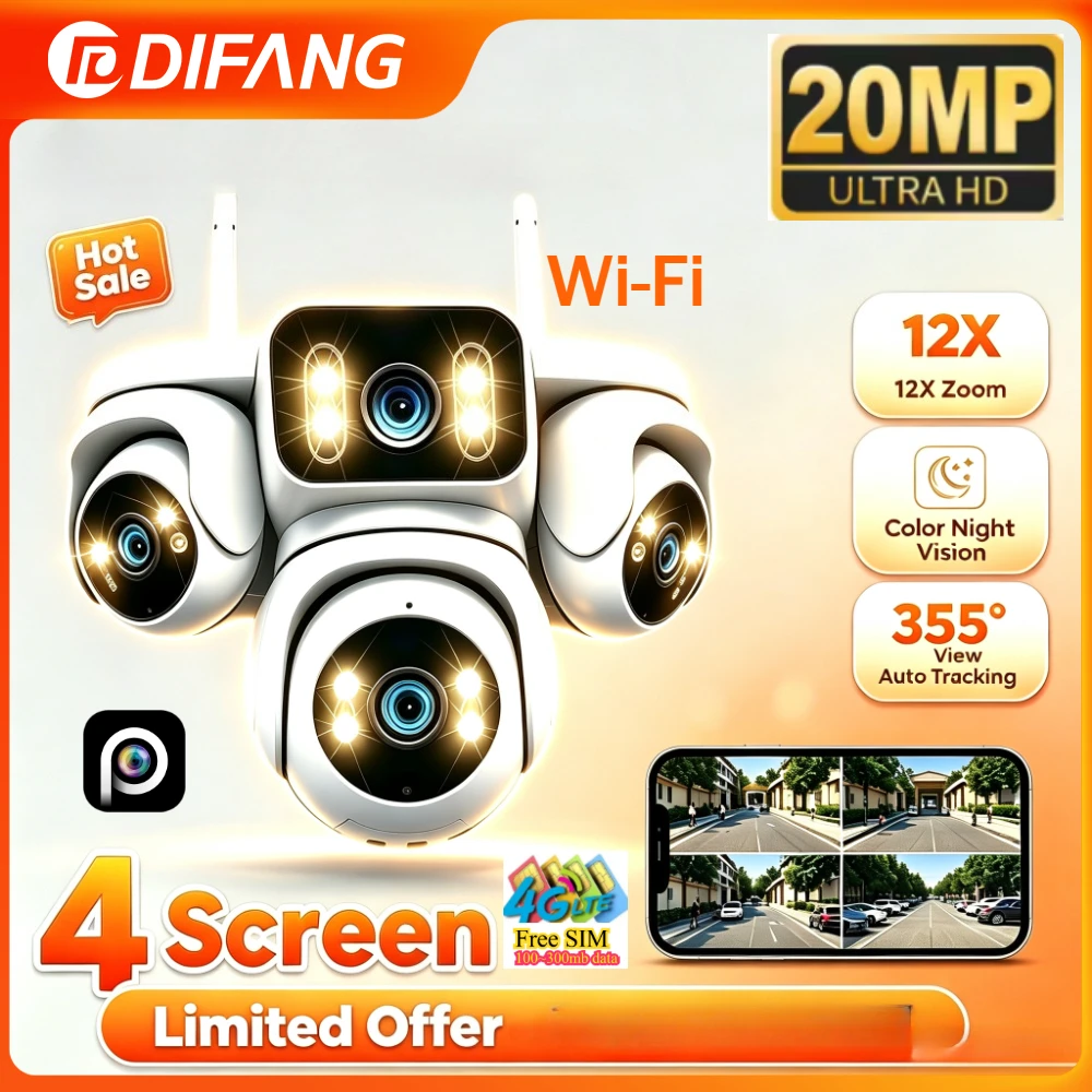 20MP 4 Lens Quad 4 Screen 4G SIM Security Camera WiFi 12XZoom AI Auto Tracking Waterproof Outdoor WiFi Camera 20MP