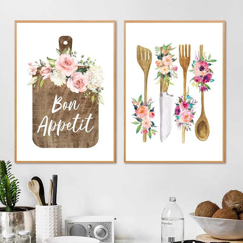 French Bon Appetit Art Print Kitchen Wall Decor Housewarming Gift Kitchen Utensils Wall Art Pictures Dining Room Canvas Painting