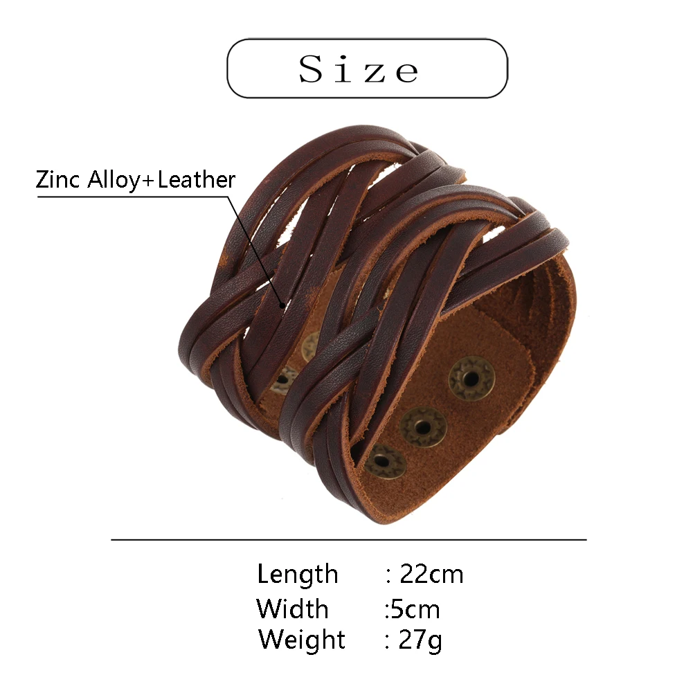 2025 Trend Jewelry Handmade Weave Genuine Leather Bracelet Men Vintage Cuff Wide Leather Bracelet Pulsera Hombre