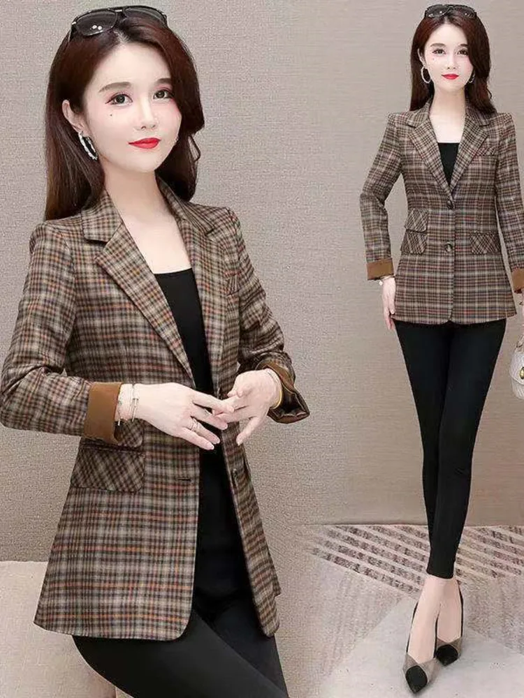 

Women Coat Korean Fashion Elegant Lattice Casual All-match Temperament Design Chic Business Single Breasted Blazer New