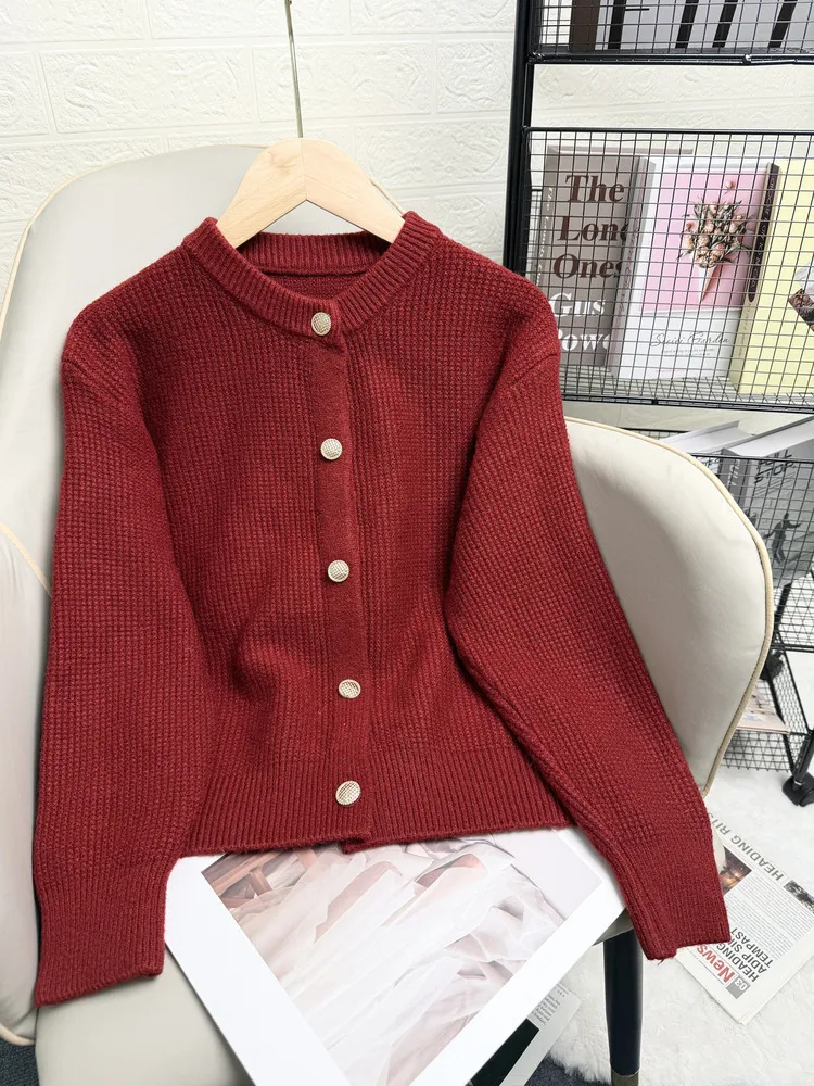 

New In 2025 Women Solid Color Short Knitted Cardigan Round Neck Fashion Female Autumn Winter Long Sleeve Slim Sweaters Coats