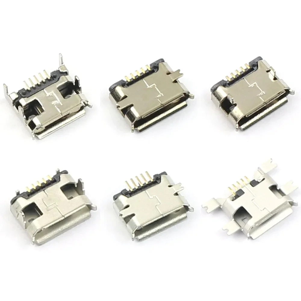 50pcs Micro USB Connector 5P Female SMD SMT DIP 5 Pin Type B Ejector 2 4 Legs Mount Jack Charging Socket Power Plug Port Flat