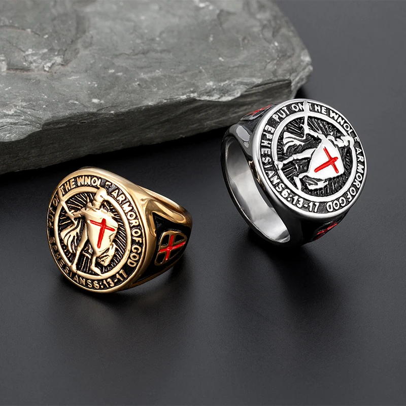 Men's Steel Golden Knights Templar Cross Shield Ring, Punk Hip Hop Gothic Stainless Steel Jewelry for Male (Edgy Military Style)