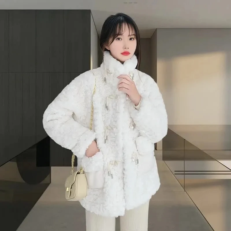 الشتاء امرأة رقيق معطف فرو الضأن الدافئة فو الفراء معطف طوق ملابس خارجية قصيرة القلنسوة زر الكورية سترات الفراء سترة جديدة #1