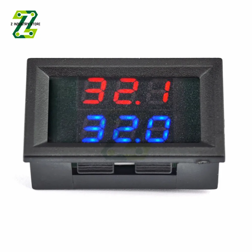 DC 4-28V LED Display Dual Red Blue Digital Temperature Sensor Thermometer With NTC Dual Probe Cable