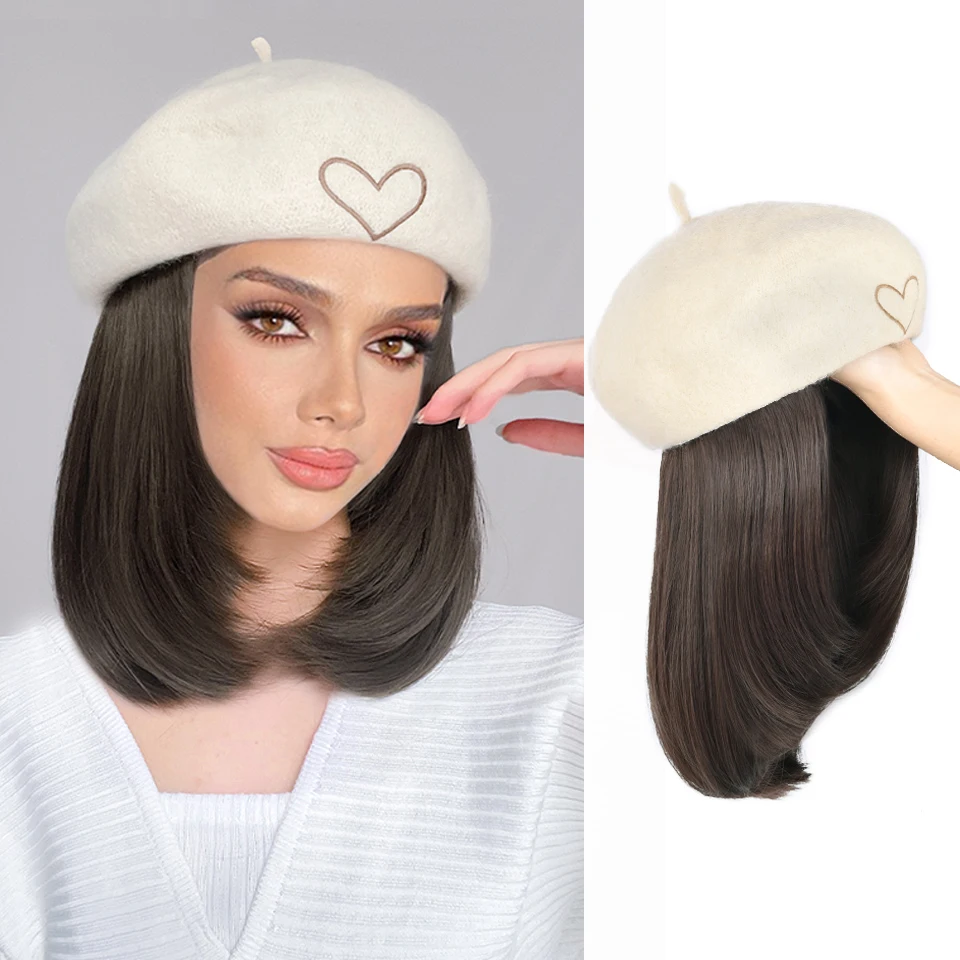 Synthetic Hat Wig Hair Extension Straight BOB Hair Wig With Cap Beret Hat Wigs For Women One Piece Wig Caps Heat Resistant Wire