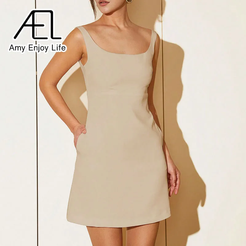 AEL Lady Autumn/Winter Fashion Casual Elegant Sexy Outfits Sleeveless Backless Slit Mini Dress Solid Scoop Neck High Waist Dress