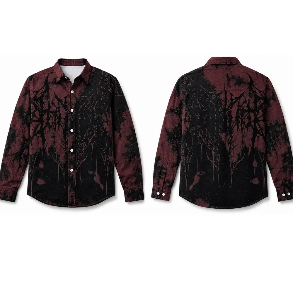 Vintage Cotton Long Sleeve Shirt Gothic Dark Dead Tree Print Button Up Shirts Man Punk Rock Black Metal Streetwear Casual Top