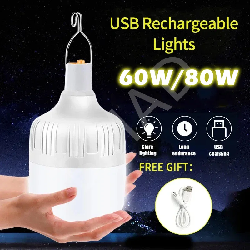 

60W/80W Outdoor Portable LED Emergency Bulb USB Rechargeable Multifunction Camping Lamp for Outdoor Camping BBQ Home Use