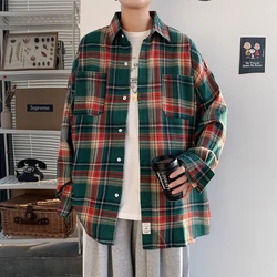 Harajuku Long Sleeve Plaid Shirts Men Big Size M-5XL Autumn Chic Loose Vintage High Street All-match Gentleman Camisa