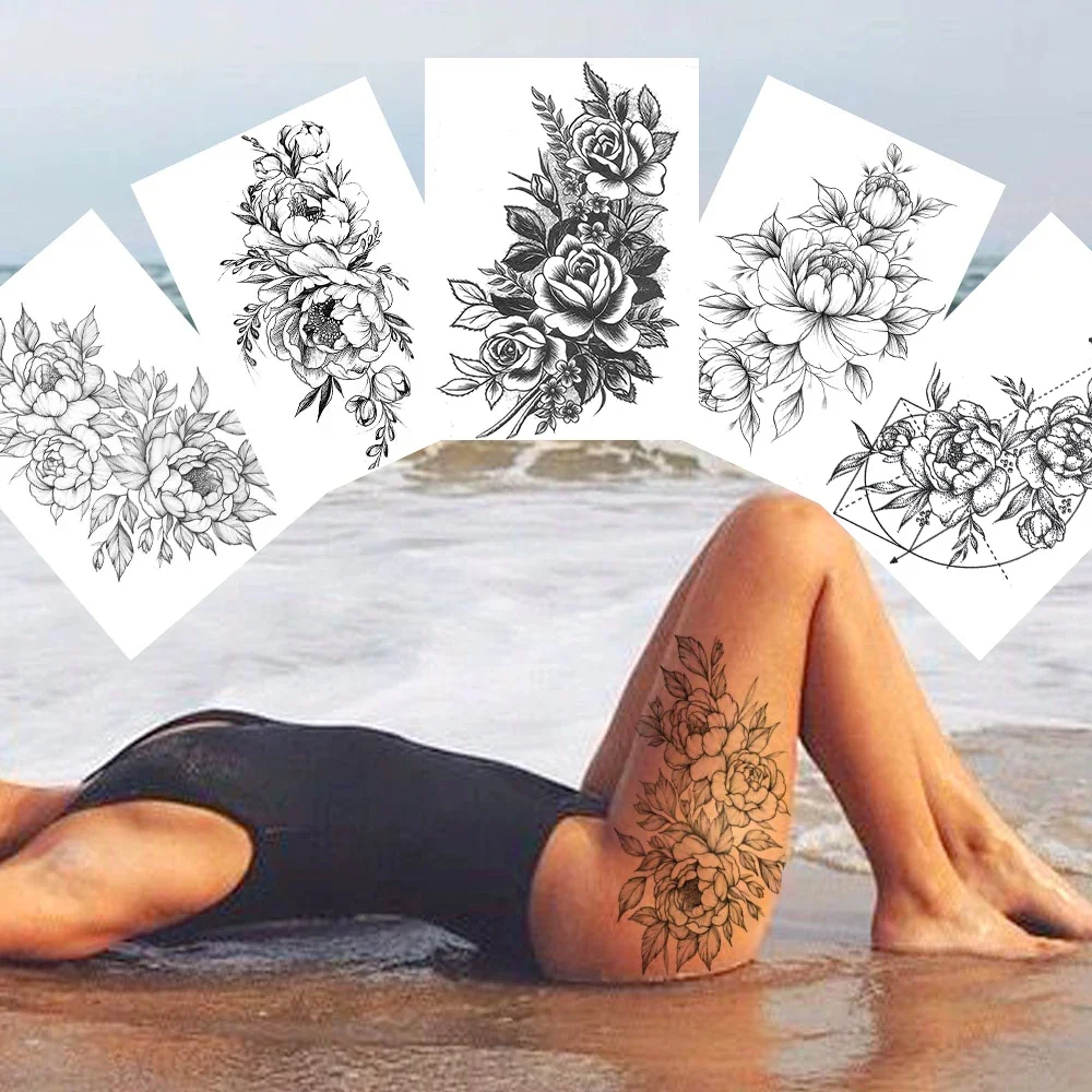 

Sexy Flower Temporary Tattoos For Women Body Art Painting Arm Legs Tattoos Sticker Realistic Fake Black Rose Waterproof Tattoos