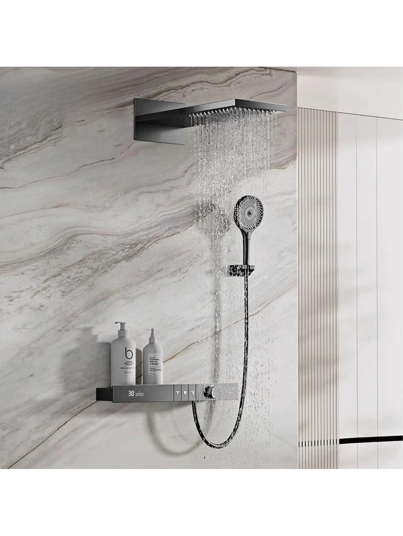 LED Display With Waterfall Outlet Anti-Scald In wall style Bathroom Faucet，Gun Grey Brass Wall-Mounted Rainfall Shower Set