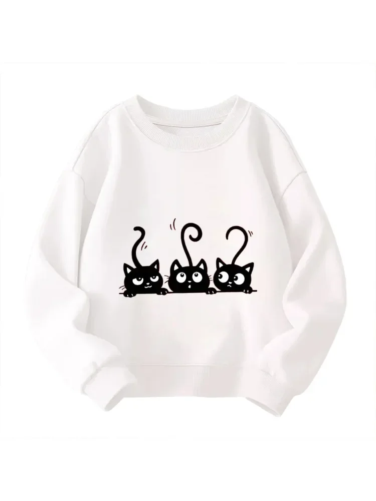 

Детская толстовка с круглым вырезом — белый пуловер с рисунком «Три черных кошек», мягкий для ежедневных игр