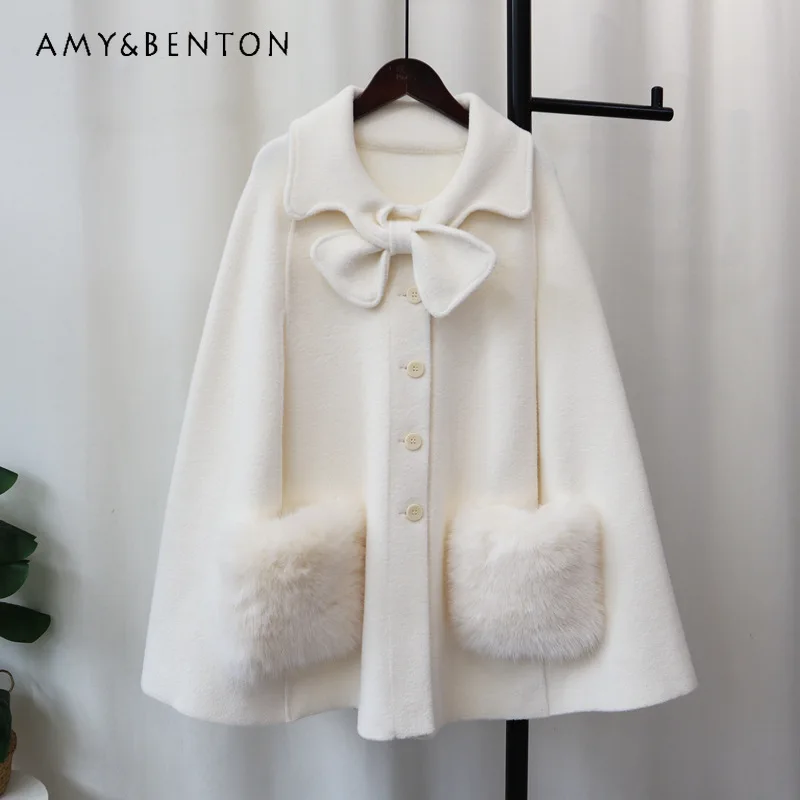 

Autumn Winter Bow Knitted Double-sided Woolen Women's Coat Cape French Design High-end Furry Buckle Loose Elegant Jacket Girl