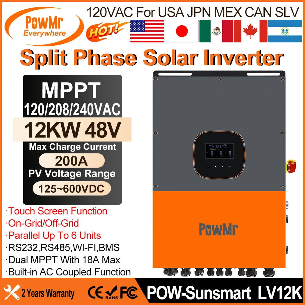 

PowMr 12KW 48V Split Phase Solar Inverter 120Vac/208Vac/240Vac Output Build in MPPT 200A Controller&WI-FI Max PV 600Vdc Input