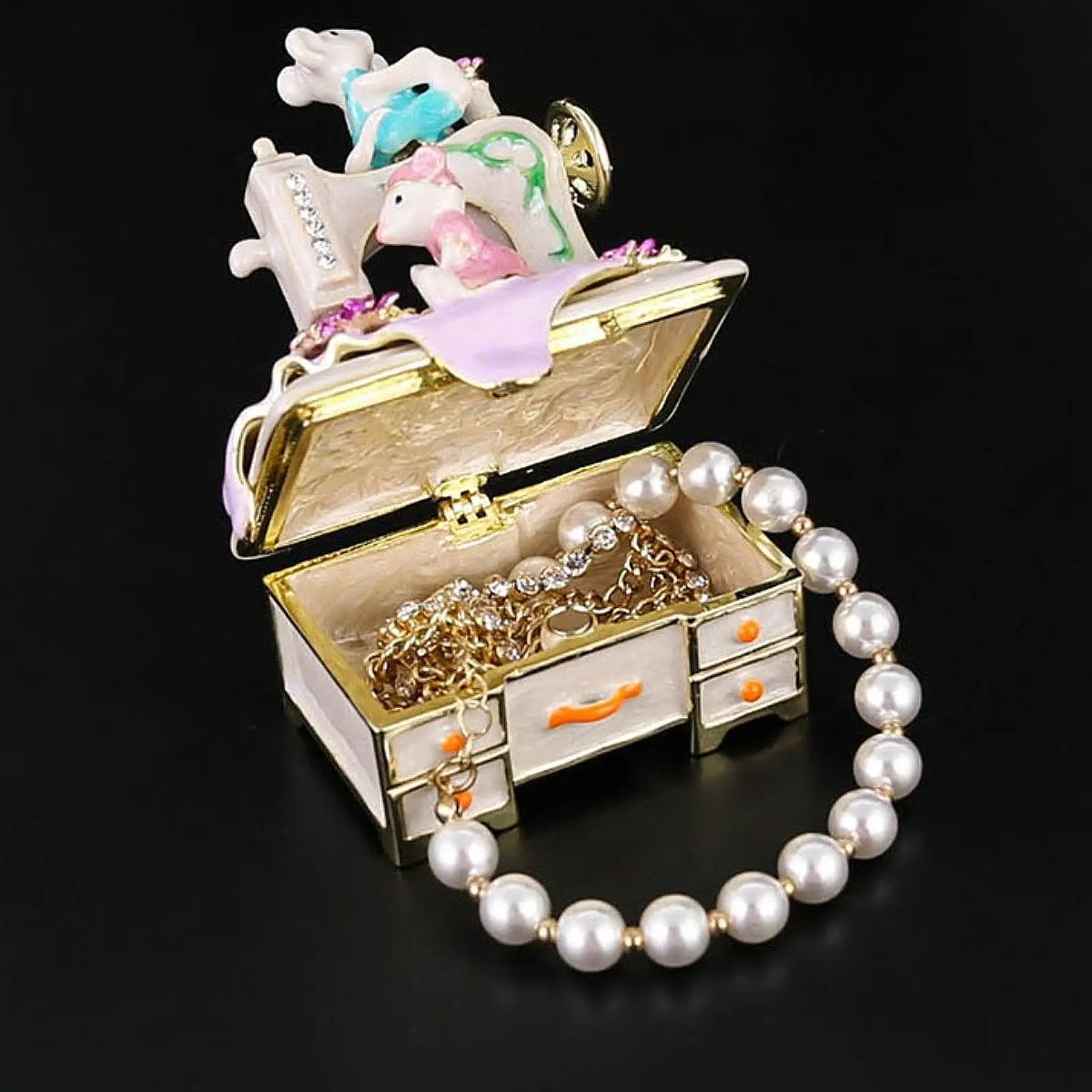 

Enamel Jewelry Box Decorative Statue Decoration Art Crafts Metal Birthday Gift Bear Sewing Machine Figurine Tabletop Ornament