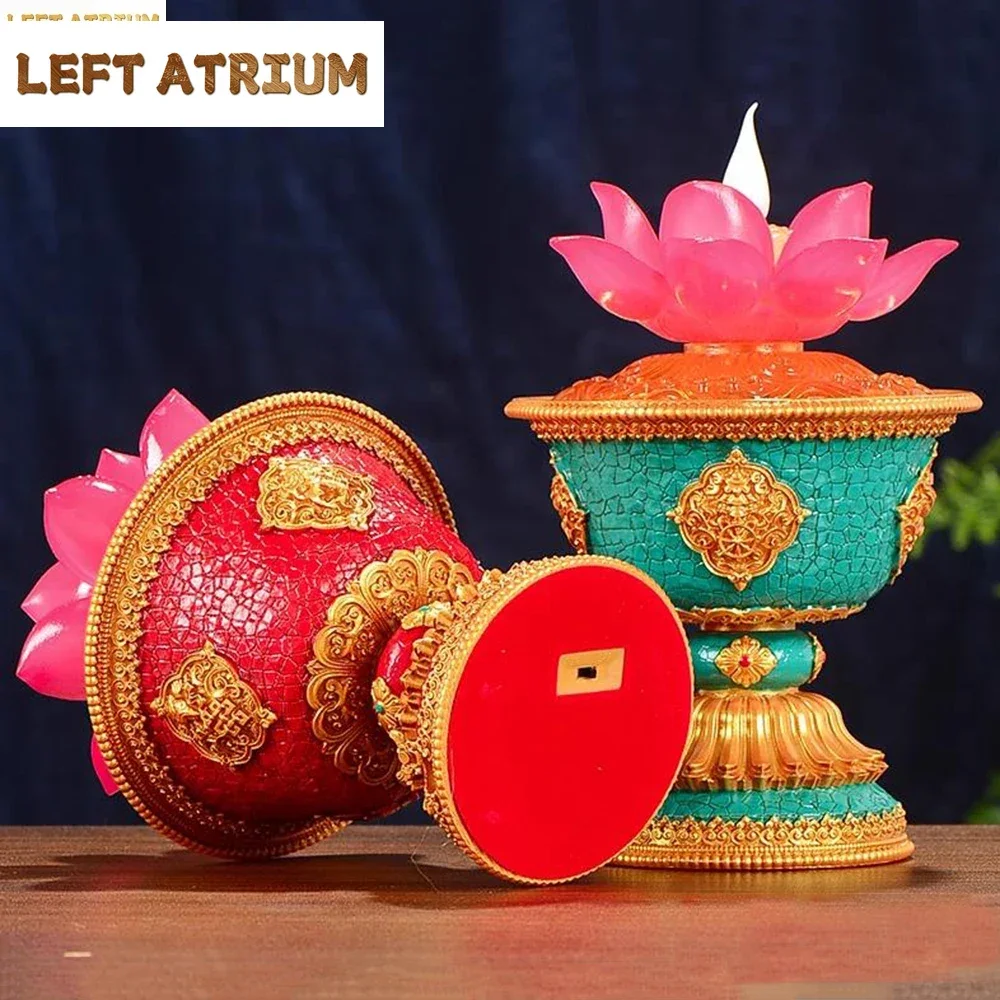 Tibetan electronic lotus lamp ornament, Plug in style butter lamp, LED Eight Auspicious eternal lamp, Offering Buddha lanterns