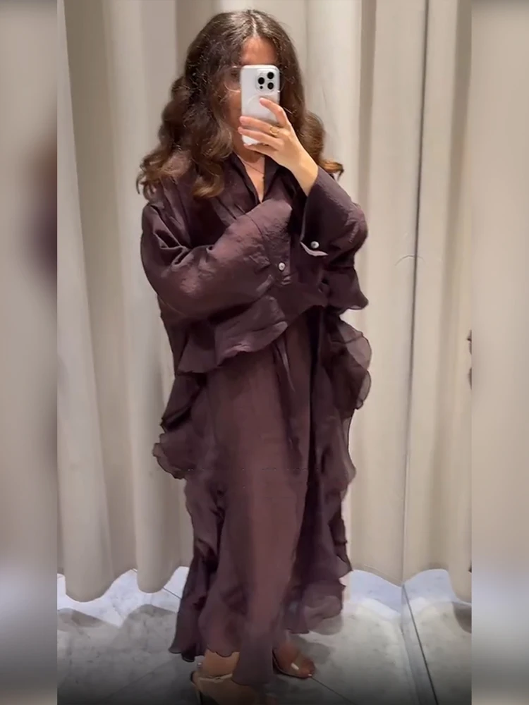 2025 neue Lotus Blatt Rand Beiläufige Lange Kleid Frauen Chic Volle Hülse V-ausschnitt Lose Maxi Kleider Sommer Dame Highstreet Party Roben