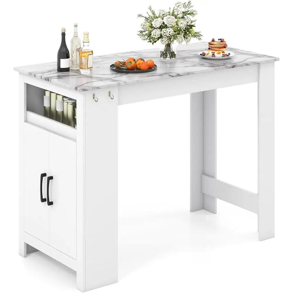 

Counter Height Marble Breakfast Table with 7 Hooks, Open Shelf, Storage Cabinet, Suitable for Dining and Living Rooms