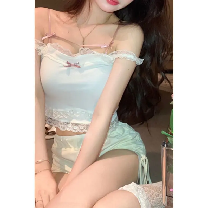 

Women's Kawaii Lolita Crop Top Pink & White Bow Lace Trim Coquette Princess Bralette Y2K Asian-French Style Adjustable Summer