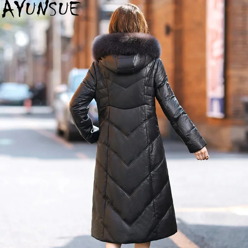 Genuine AYUNSUE Leather Down Coats for Women 2024 Winter Real Sheepskin Jacket Hooded Fox Fur Collar Jaqueta De Couro