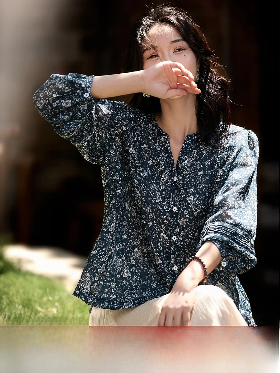 

Хлопково-льняная женская блузка с художественным принтом в деревенском стиле, дышащая, летняя, новинка