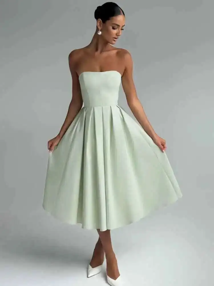 NIDANSSI Strapless Lining Pleated 이브닝 파티 드레스 여성 가운 Backless 우아한 섹시한 드레스 Bodycon Long Summer Dress Vestidos