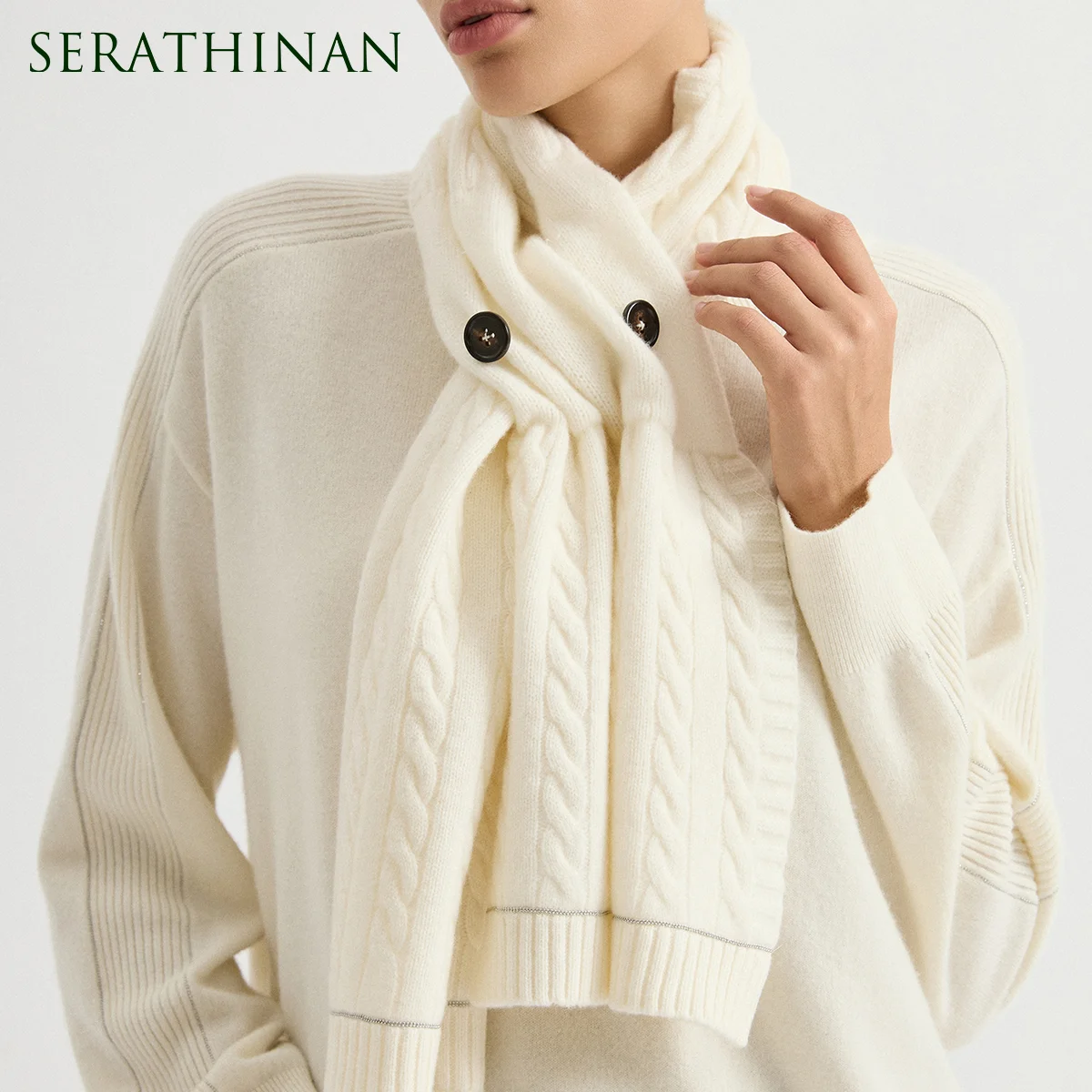 BL3621864 Women's 100% Cashmere Cable Knit Scarf Chunky Button Closure Chain Trim Ribbed Edge Soft Warm Quiet Luxury Winter Fall