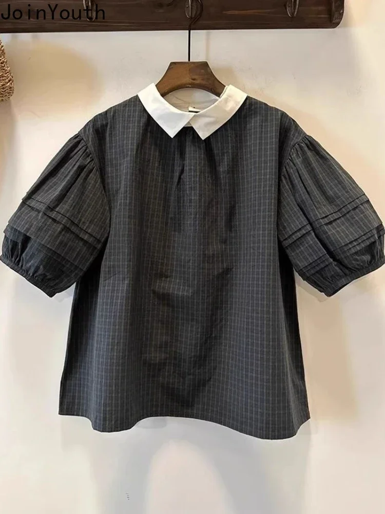 Summer Women Shirt 2024 Blusas Mujer De Moda Peter Pan Collar Puff Sleeve Vintage Blouses Loose Fashion Plaid Blouse Tops 7n832