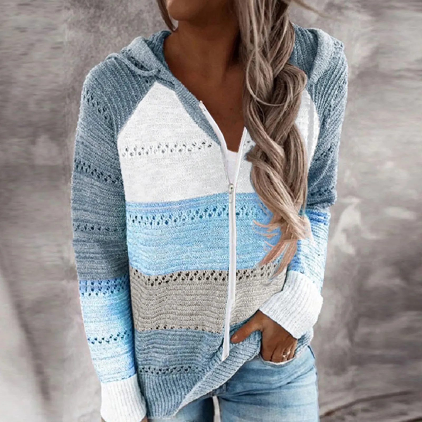 

Female Hoodies Loose Zipper Tops Autumn Patchwork Sweater Long Sleeve V-neck Knitted Sweater Casual Striped Pullover Jumpers