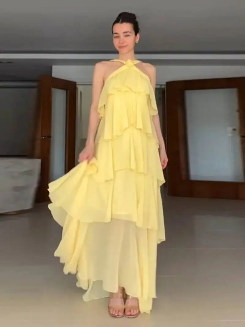 3d flor babados em camadas vestidos femininos elegante chiffon sem costas sem mangas fofo vestido longo verão nova senhora praia robes o9d0