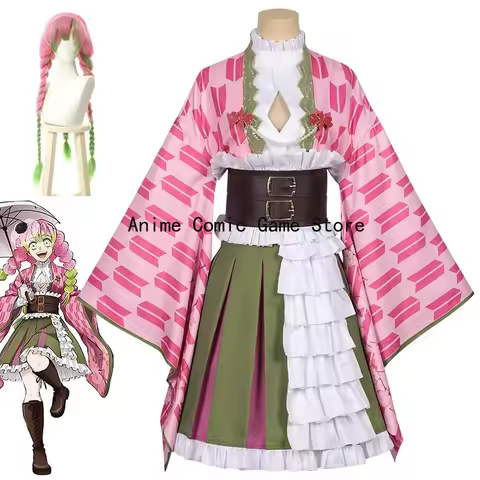 In Stock S-XXL Kanroji Mitsuri Cosplay Costume Wig Anime Demon 5th Anniversary Kimono Dress Halloween Party Outfits for Women