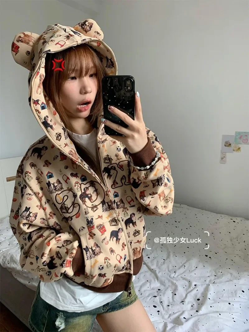 Overall Dog Print Hooded Women High Street Cartoon American Vintage Short Coats Sweatshirts Y2k Sudaderas Mujer Preppy Style